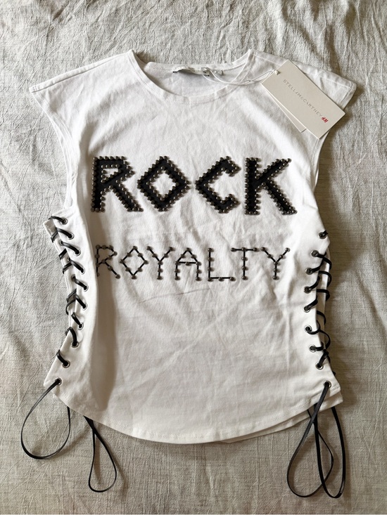 Stella McCartney Tops - Stella McCartney White Tank with Black Studded 'ROCK ROYALTY' and Lace Sides